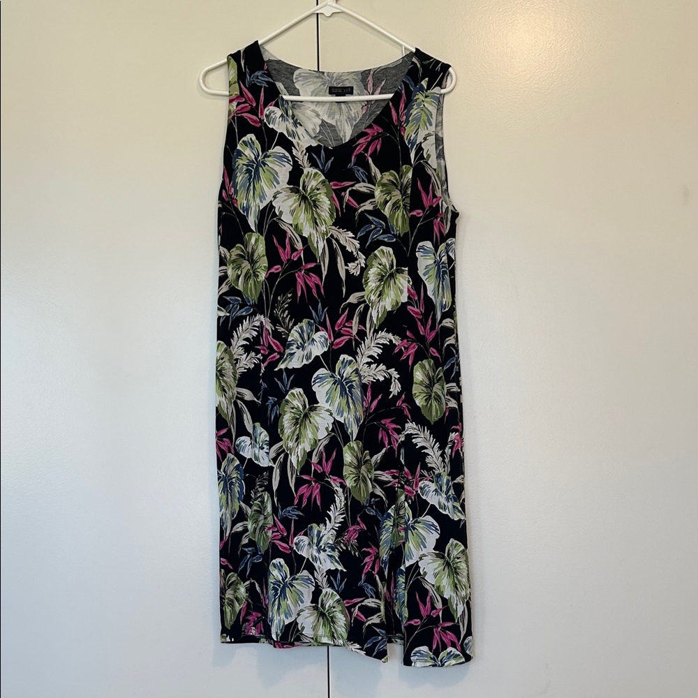J. Jill Tropical Print Midi Dress - Black, Green, Pink